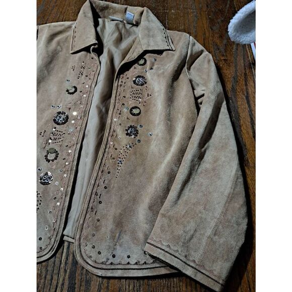 Chicos Size 1 Medium Size 8 Tan Suede Leather Open Front Jacket Blazer Embellish - Picture 3 of 8